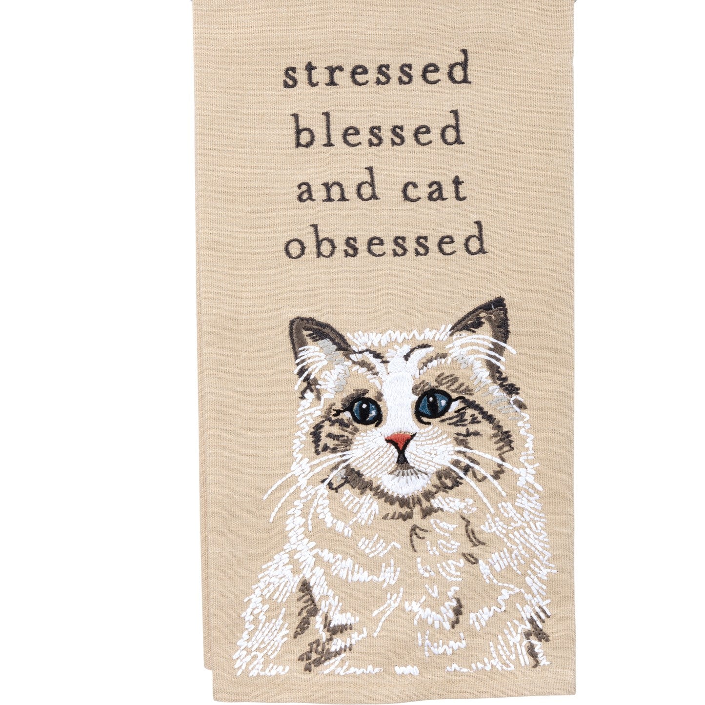 Cat themed embroidered kitchen towel - "stressed blessed and cat obsessed"