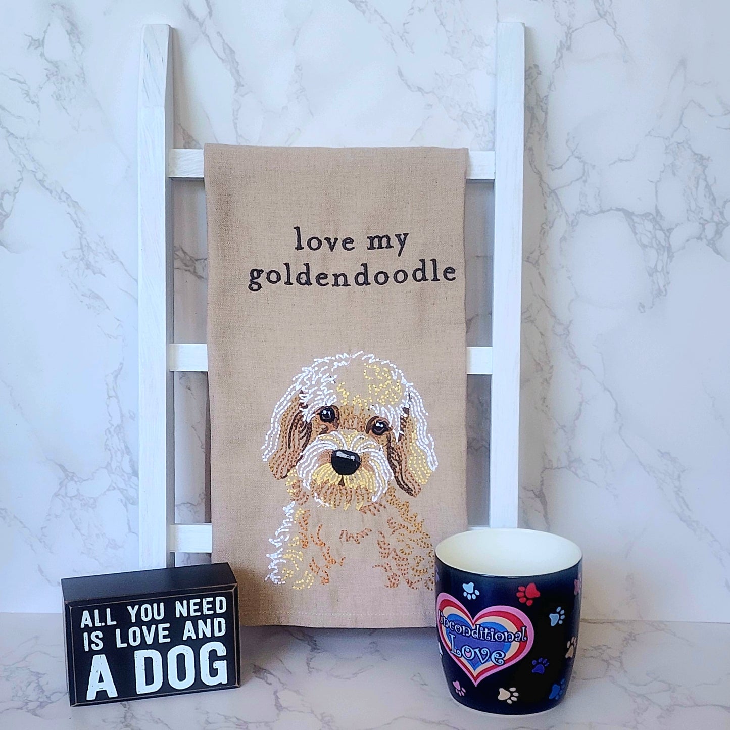 "Love My Goldendoodle" - Dog themed embroidered Kitchen Towel.