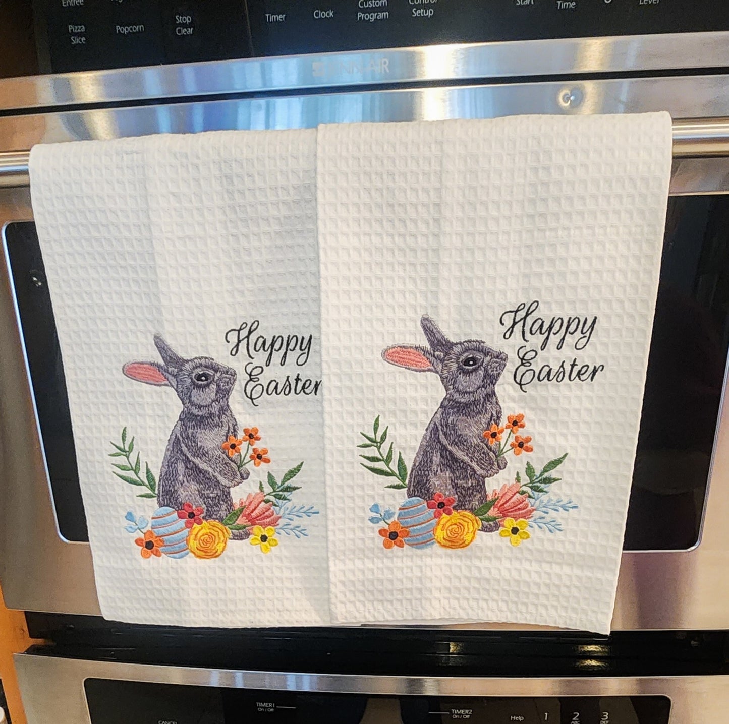 "Happy Easter" - Waffle Weave Embroidered Easter Bunny Kitchen Towel