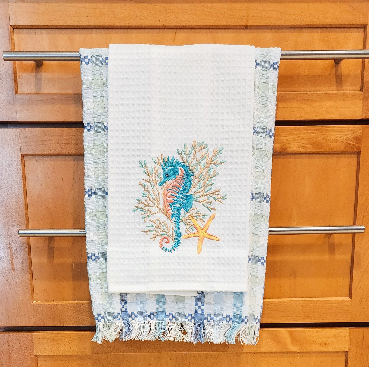 Seahorse And Coral Coastal - Waffle Weave Embroidered Kitchen Towel