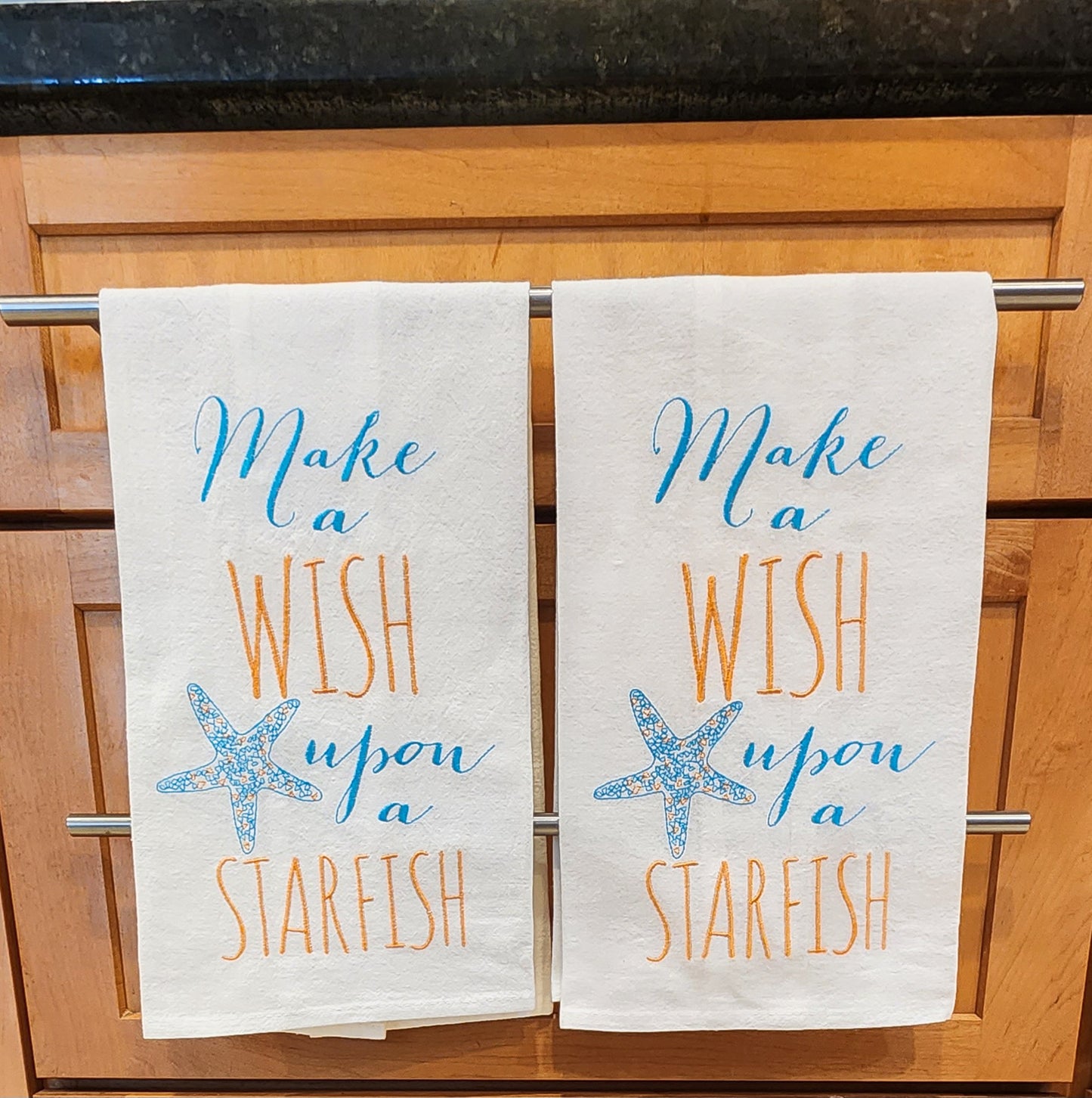 "Make a Wish upon a Starfish" - Flour Sack Embroidered Kitchen Towel