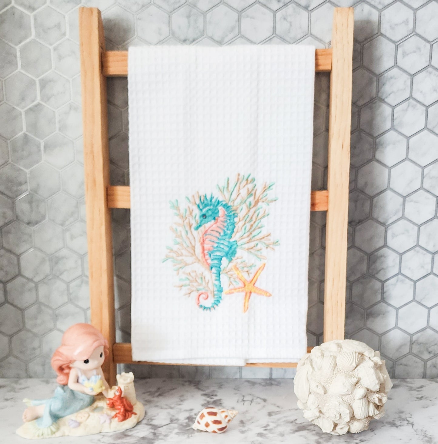 Seahorse And Coral Coastal - Waffle Weave Embroidered Kitchen Towel