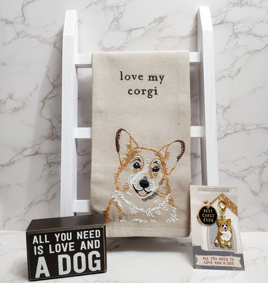 "Love My Corgi" - Dog themed embroidered Kitchen Towel