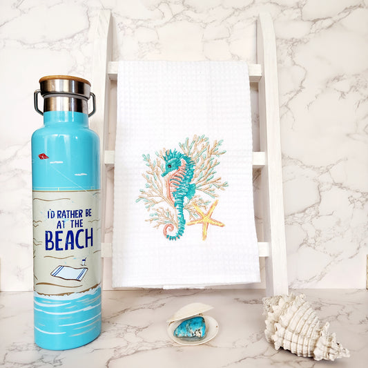 Seahorse And Coral Coastal - Waffle Weave Embroidered Kitchen Towel