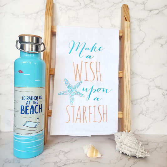 "Make a Wish upon a Starfish" - Flour Sack Embroidered Kitchen Towel