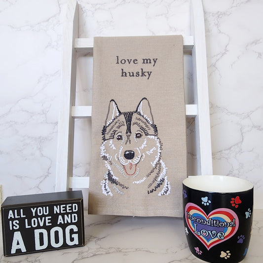 "Love My Husky" - Dog themed embroidered Kitchen Towel