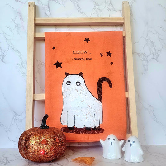 Meow ... I mean, Boo - Halloween cat Kitchen Towel