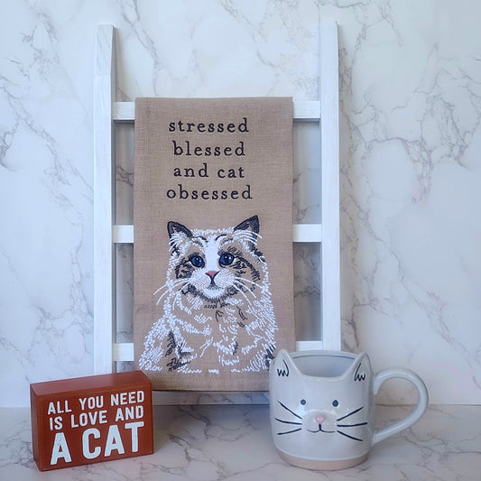 Cat themed kitchen towel - "stressed blessed and cat obsessed"