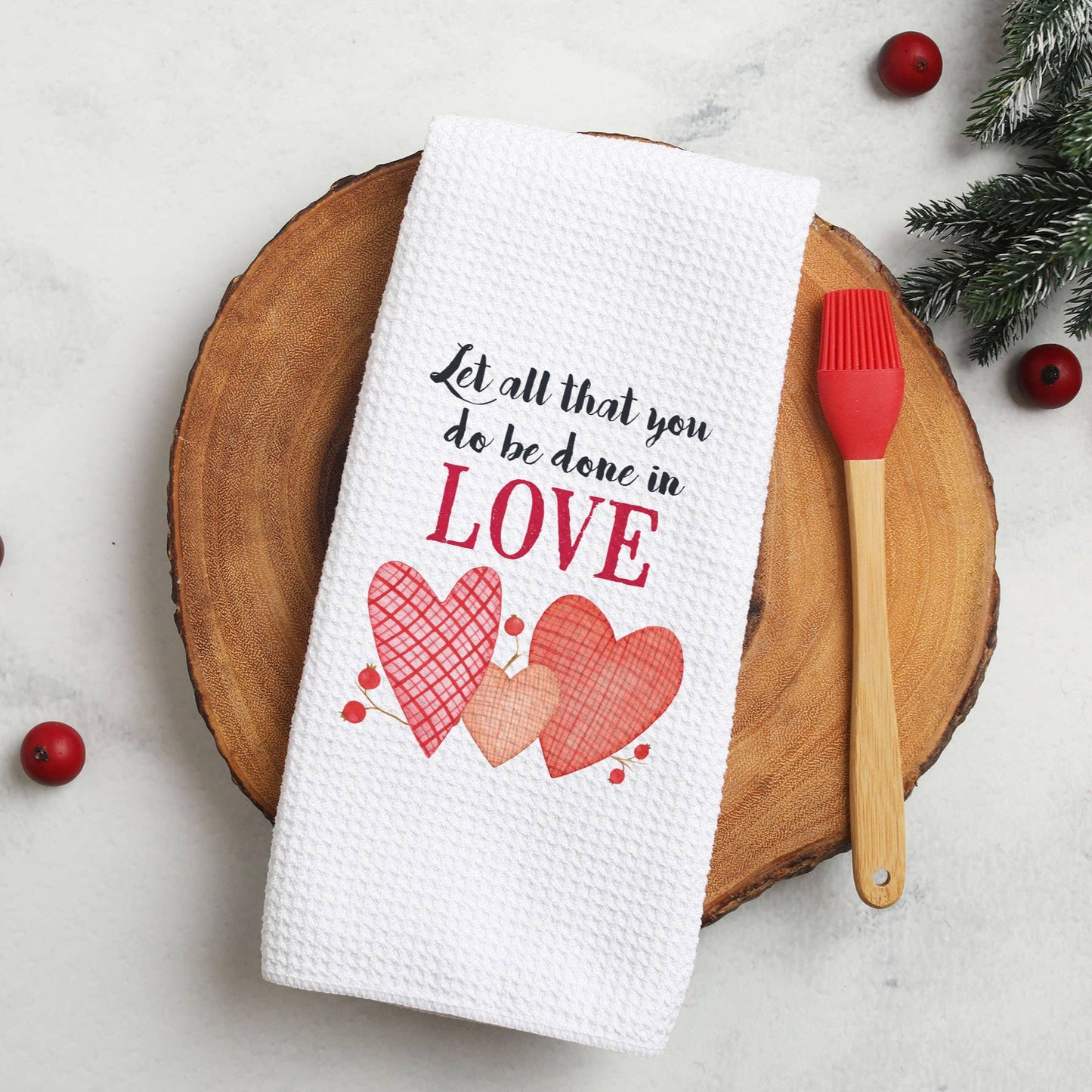 "Let all that you do be done in LOVE" -  Valentine's waffle weave kitchen towel