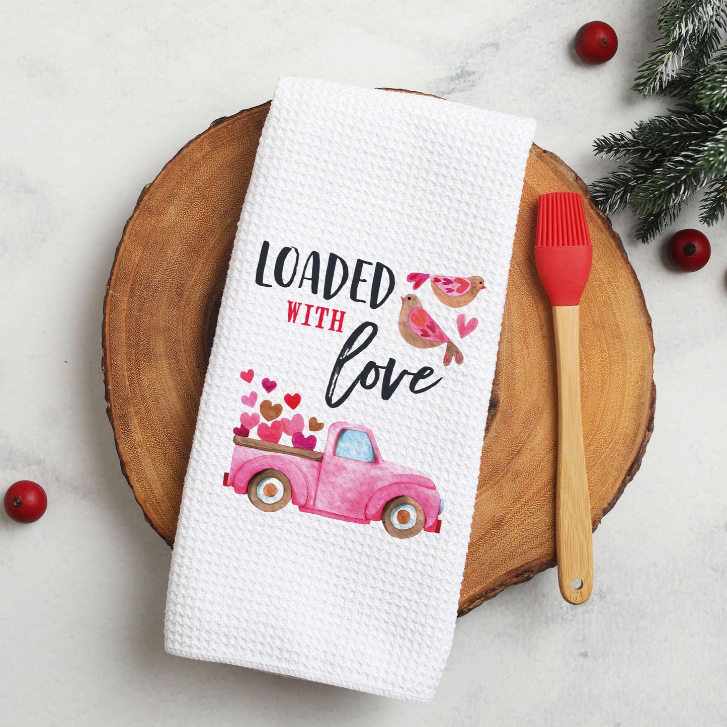 "Loaded with Love" Valentine's waffle weave kitchen Towel