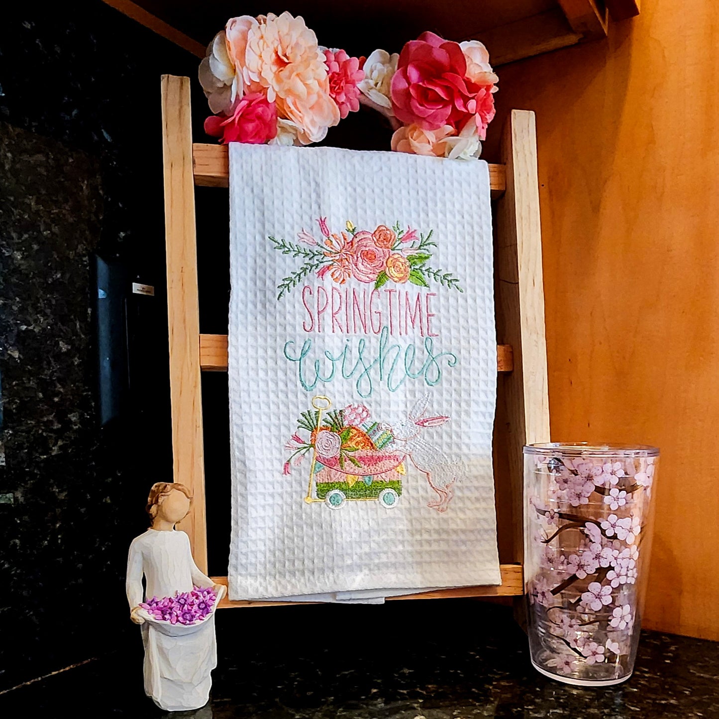 "Spring Time Wishes" - Spring Waffle Weaved Embroidered Kitchen Towel