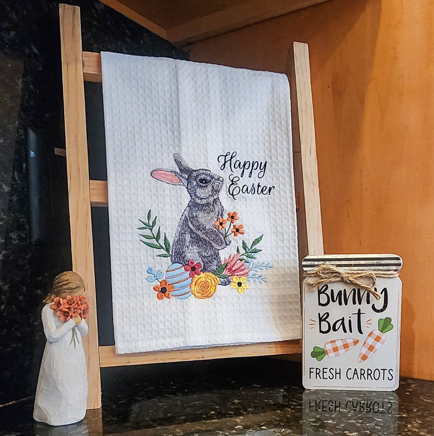 "Happy Easter" -  Waffle Weave Embroidered Easter Bunny Kitchen Towel