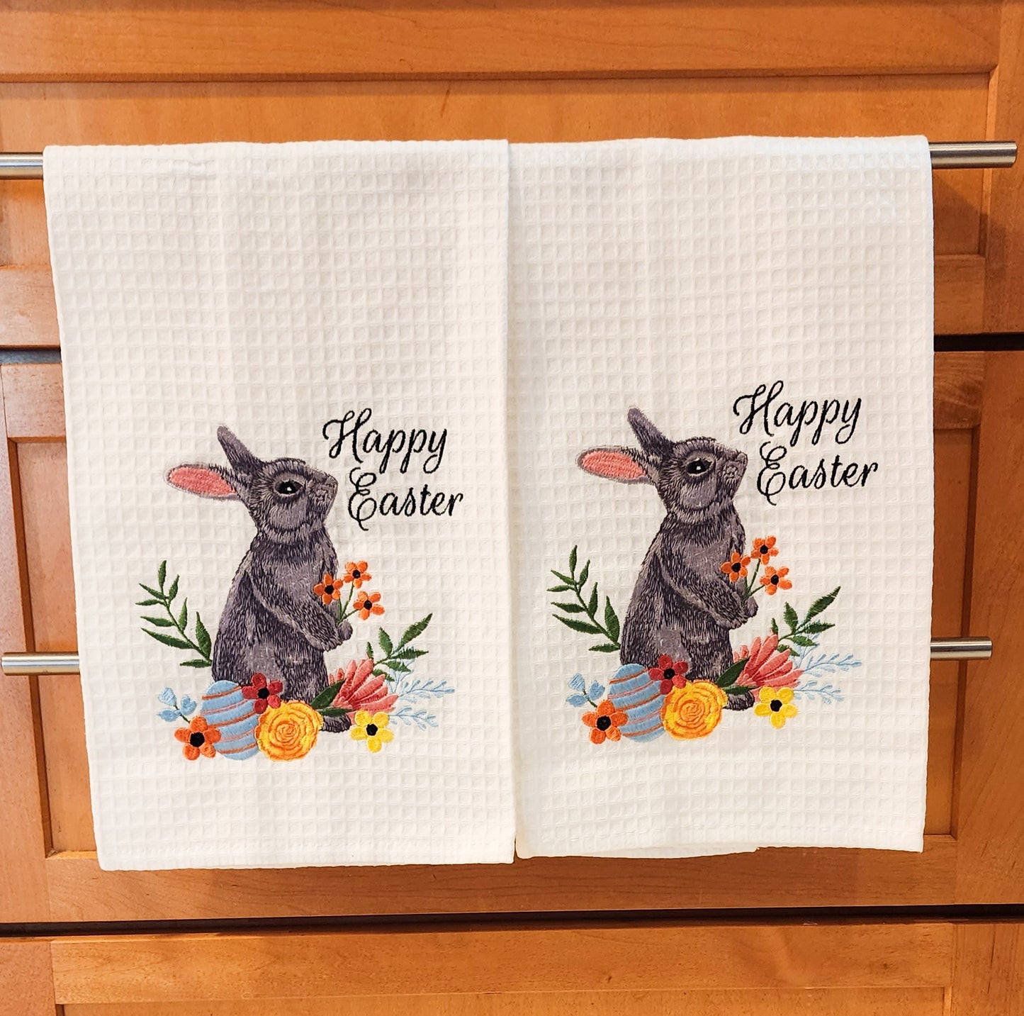 "Happy Easter" -  Waffle Weave Embroidered Easter Bunny Kitchen Towel