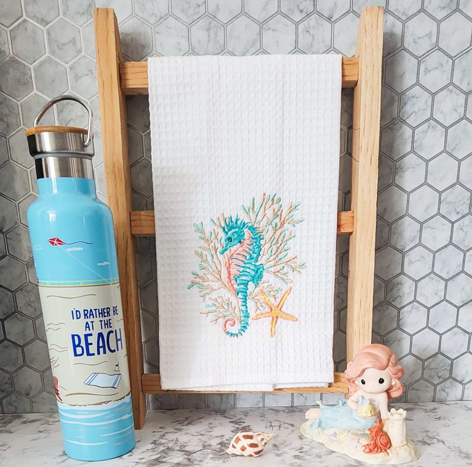 Seahorse And Coral Coastal - Waffle Weave Embroidered Kitchen Towel – My  White Llama