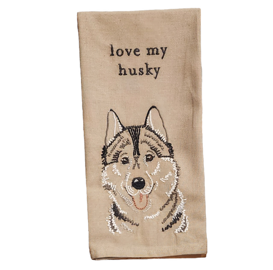 "Love My Husky" - Dog themed embroidered Kitchen Towel