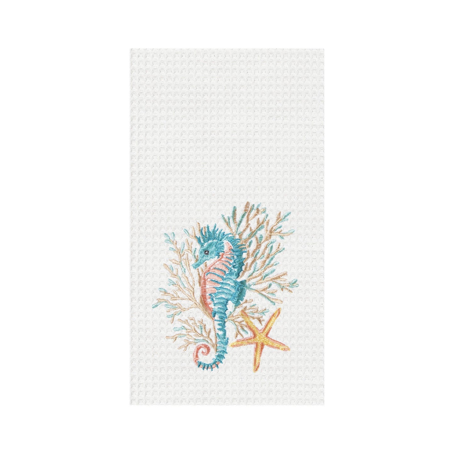 Seahorse And Coral Coastal - Waffle Weave Embroidered Kitchen Towel